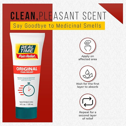 Real Time Pain Relief Cream 4oz Tube | 17 Natural Ingredients: 1.25% Menthol, Arnica & MSM | Muscle Strain & Joint Discomfort Relief for Arthritis, Cramps, Sprains, Bruises, Hands, Back & Knee Pain