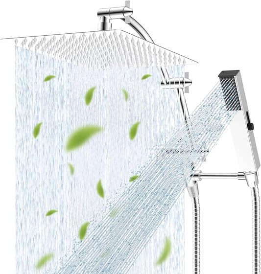 Hibbent All Metal CUPC Certified 12'' Rainfall Shower Head, Dual Shower Head Combo with 4 Handheld Sprays, High Pressure Shower Wand, 16'' Adjustable Extension Arm, 71'' Hose, Shower Holder, Chrome