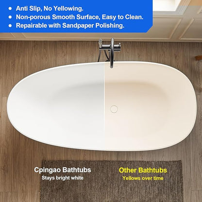 Cpingao 63" Stone Resin Freestanding Bathtub, Oval Solid Surface Contemporary Soaking Tub, Matte White Flatbottom Tubs with Overflow and Pop-up Drain, cUPC Certified 8848-1600