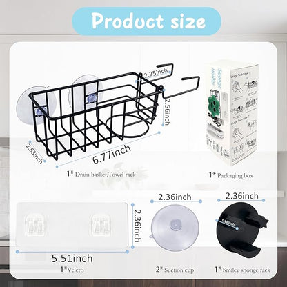 Sponge Holder Smile Face with Dish Cloth Hanger for Kitchen Sink, In-sink Caddy Organizer with Suction Cups & Adhesive Strips, Rustproof Sponge Rack for Soap, Brush, Scrubber - Black