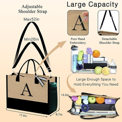 YOOLIFE Christmas Gifts for Women - Initial Jute Tote Bag & 2 Makeup Bags Personalized Gifts for Women Teacher Mom Friend