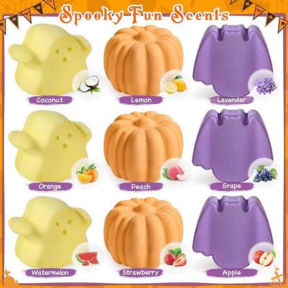 9 Pack Halloween Bath Bombs for Kids, Halloween Bubble Kids Bath Bombs with Surprise Toy Inside, Halloween Treat Bags Gifts for Kids Girls Boys