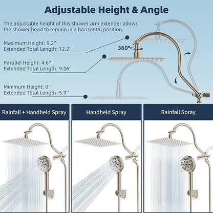 Hibbent All Metal CUPC Certified Shower Head, 8'' High Pressure Rainfall Shower Head, Handheld Showerhead Combo, 12'' Adjustable Extension Arm, 10 Sprays, 71'' Hose, Showerhead Holder, Brushed Nickel