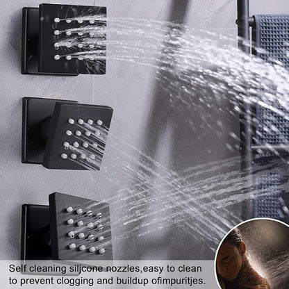 Temperature Display Shower Faucet Set Matte Black Shower System with Body Jets, with 14X20 inch Ceiling Mount Shower Head and Handheld Spray