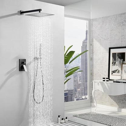 WELLFOR Matte Black 10-in Wall Mounted Shower Faucet Set with 2-way Diverter & Pressure-balanced Valve Dual Head Built-In Shower Faucet System, 2.5 GPM, Bathroom Shower Faucets Sets Complete