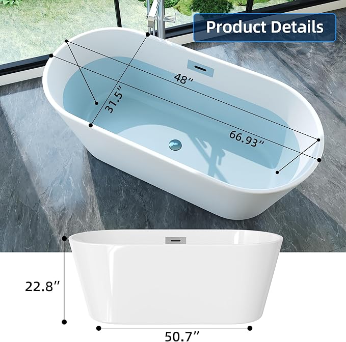 67" Acrylic Freestanding Bathtub, Modern White Soaking Tub for Bathrooms, Easy Install Contemporary Bath Tub with Chrome Overflow and Drain