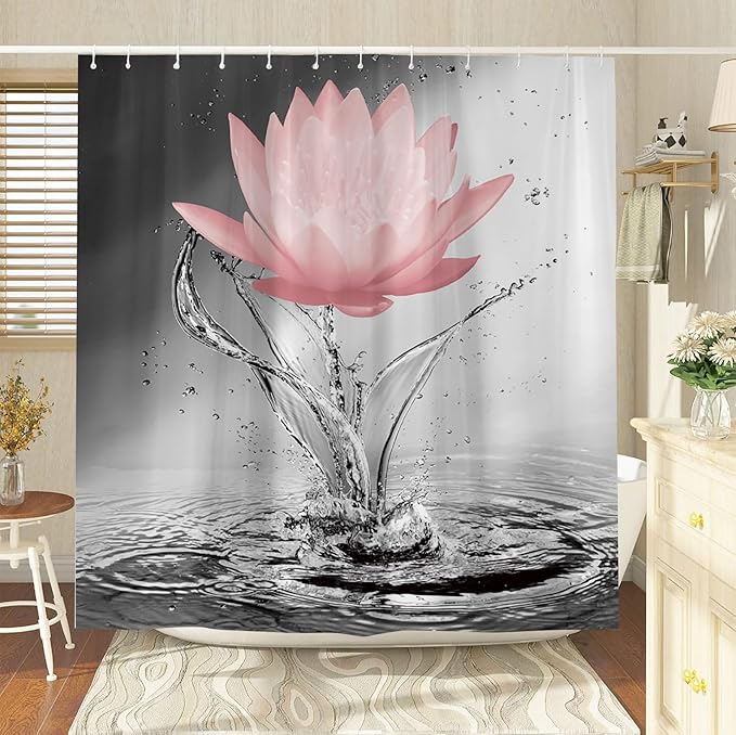 Lotus Shower Curtain Black White Grey Red Flower Elegant Blooming Floral with Dew Spring Flower Reflection on Water Modern Romantic Polyester Fabric Bathroom Decor 108×70 Inch with Hook