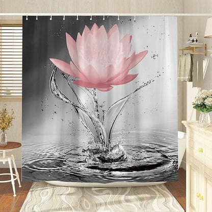 Lotus Shower Curtain Black White Grey Red Flower Elegant Blooming Floral with Dew Spring Flower Reflection on Water Modern Romantic Polyester Fabric Bathroom Decor 70×84 Inch with Hook