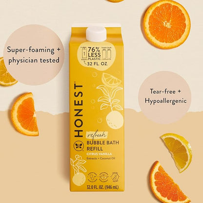 The Honest Company Foaming Bubble Bath Refill Carton Gentle for Baby Naturally Derived Tear-Free Hypoallergenic Citrus Vanilla Refresh 32 fl oz