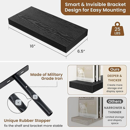 fuqing Floating Shelves for Wall, Wall Mounted Wood Floating Shelf with Invisible Brackets for Living Room, Bathroom, Bedroom, Kitchen Storage and Decor, 16 Inch Set of 2, Black