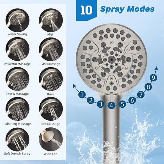 Hibbent cUPC Certified All Metal 10" Rainfall Showerhead Combo, High Pressure Shower Head with 10 Spray Handheld, Innovative 4-way Diverter with Pause Mode, 71'' Shower Hose and Holder, Brushed Nickel