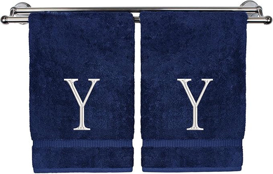 Monogrammed Hand Towel, Personalized Initial Gift, Extra Absorbent 100% Turkish Cotton - Soft Terry Finish - Set of 2 - White Block Initial Y - Embroidered on Navy Blue Towels