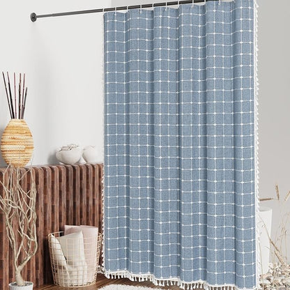 MitoVilla Blue Farmhouse Shower Curtain Set 72 x 78, Boho 78 inch Long Polyester Linen Tassel Fabric Shower Curtain Set for Chic Cottagecore French Rustic Bathroom Decor