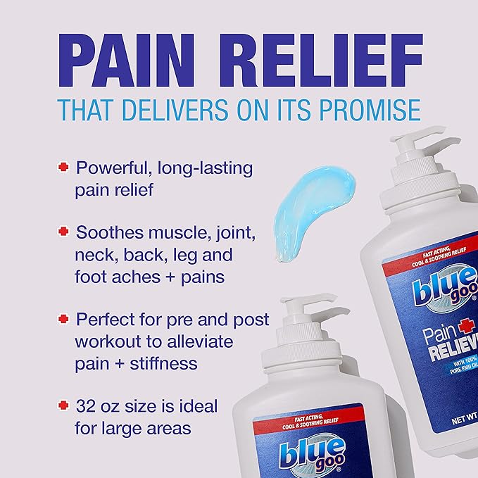 Blue Goo Pain Relieving Gel – for Back/Neck, Muscle/Stiff Joints Pain, Sprains, Strains, Fast-Acting, Cooling+Soothing Relief, Made w/ 100% Pure Emu Oil, 32 oz (2 Pack)