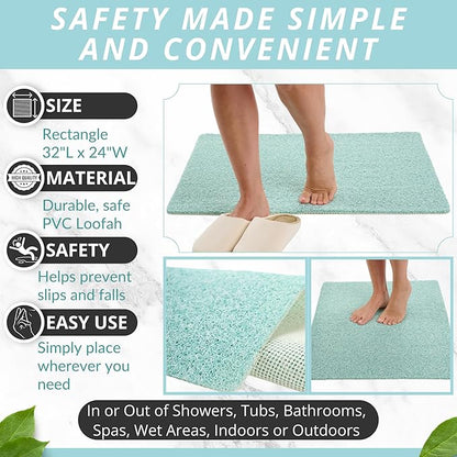 Enkosi Loofah Non-Slip Shower Mat - Shower Floors, Bathtub, Bathrooms, Wet Areas - Cushioned Bath Mat with Drain Holes - Quick Dry PVC, Secure Safety Pad Without Suction Cups (32x24 Aqua Green)