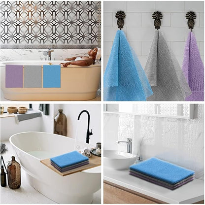 UJFQBH 3 Pieces African exfoliating net African Net Long Net Bath Sponge Exfoliating Shower Body Scrubber Back Scrubber Skin Smoother,Great for Daily Use (Purple Gray Blue)