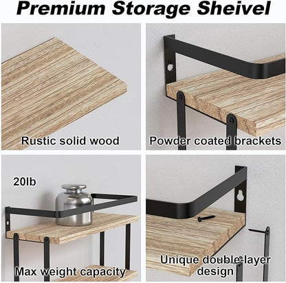 RICHER HOUSE 2+1 Tier Wall Mounted Floating Shelves Set of 2, Rustic Wood Wall Shelf with Metal Frame, Extra Storage Rack for Bathroom, Kitchen, Bedroom with Tissue Rack & Towel Bar - Rustic Wood
