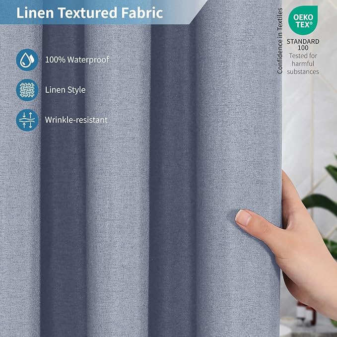 2-in-1 Waterproof Fabric Shower Curtain or Liner,Linen Textured,Breathable TPU & Washable Bathroom Shower Curtain Set with 12 Plastic Hooks,Modern,72"x72" Blue Gray