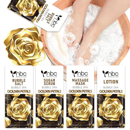 Pedicure Kit Foot Soak Set: Bubble Salt, Sugar Scrub, Massage Mask, Massage Lotion in a Box, 4 Step Foot Spa Kit for Dry Feet,Tired Feet (1 Set Golden Petals)