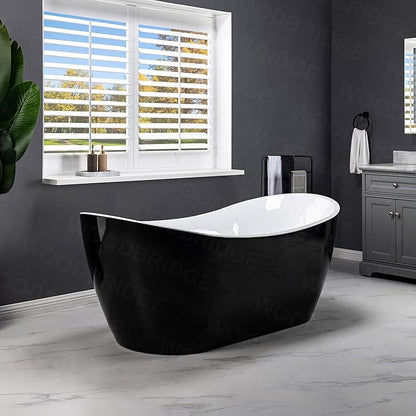 WOODBRIDGE 71" Acrylic Freestanding Bathtub Contemporary Soaking Black Tub with Brushed Nickel Overflow and Drain,Black,B1817-BN