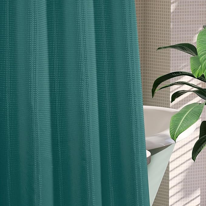 MitoVilla No Hooks Needed Dark Green Waffle Shower Curtain Liner Set, Modern Waffle Weave Fabric Cloth Shower Curtain with Snap-in Liner for Luxury Neutral Hotel Spa Bathroom Decor, 72 x 74