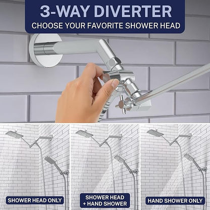 HammerHead® Solid Metal Dual Shower Head Combo — 8" Square Rain Shower Head with Handheld, 12" Adjustable Arm & Wall-Mount Holder for Flexible Installation — Chrome