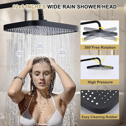 Shower Systems with 12 x8 Inches Rain Shower Head, Matte Black Exposed Pipe Shower System,3 Functions Tub Shower Faucet Sets,Overhead Shower System with Handheld