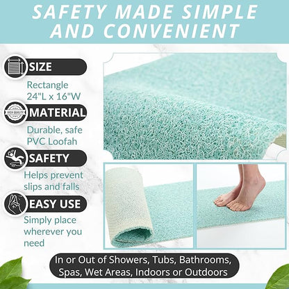 ENKOSI Loofah Non-Slip Shower and Bath Mat - Soft Cushioned Comfort - No Suction Cups for Smooth or Textured Tubs - Fast Draining - Safety for Bathroom, Family, Kids, and Elderly (24x16 Aqua Green)