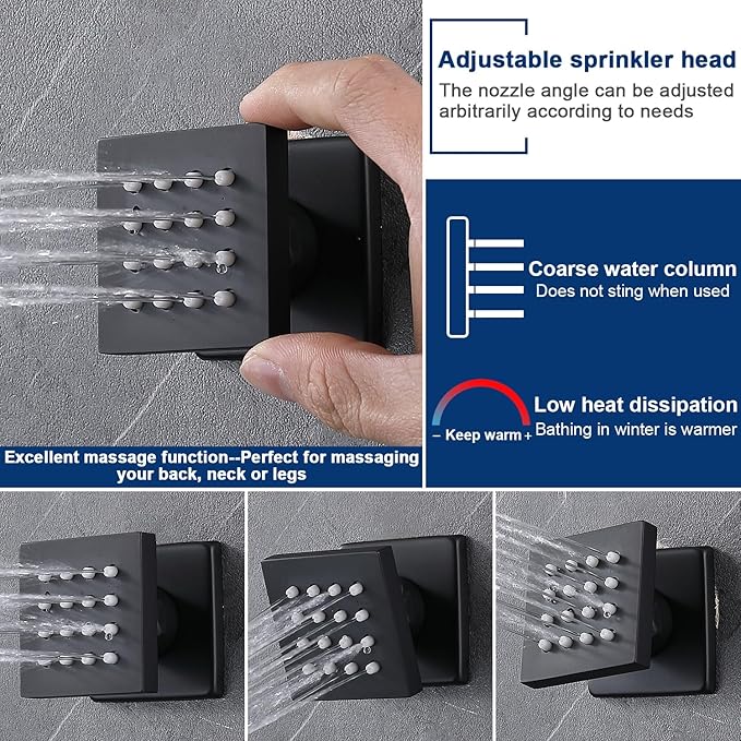 Black Shower Faucet Set Dual Shower Heads with 16" Ceiling Mounted Rain Shower Head & 6" Wall Mounted Head 4 Function Full Body Shower System with body jets,Matte Black