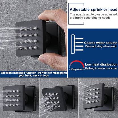 Black Shower Faucet Set Dual Shower Heads with 16" Ceiling Mounted Rain Shower Head & 6" Wall Mounted Head 4 Function Full Body Shower System with body jets,Matte Black