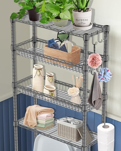 Over The Toilet Storage, 4-Tier Over Toilet Shelf Organizer Metal Storage Rack Freestanding Bathroom Space Saver with Adjustable Shelves and Baskets, Gray