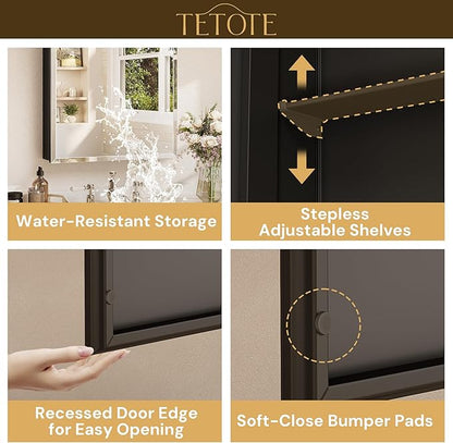 TETOTE 20 x 28 Bathroom Mirror with Storage with Tempered Beveled Mirror Black Medicine Cabinet Aluminum Cabinet DTC Hinges, Stepless Adjustable Shelves, Recessed/Surface-Mounted
