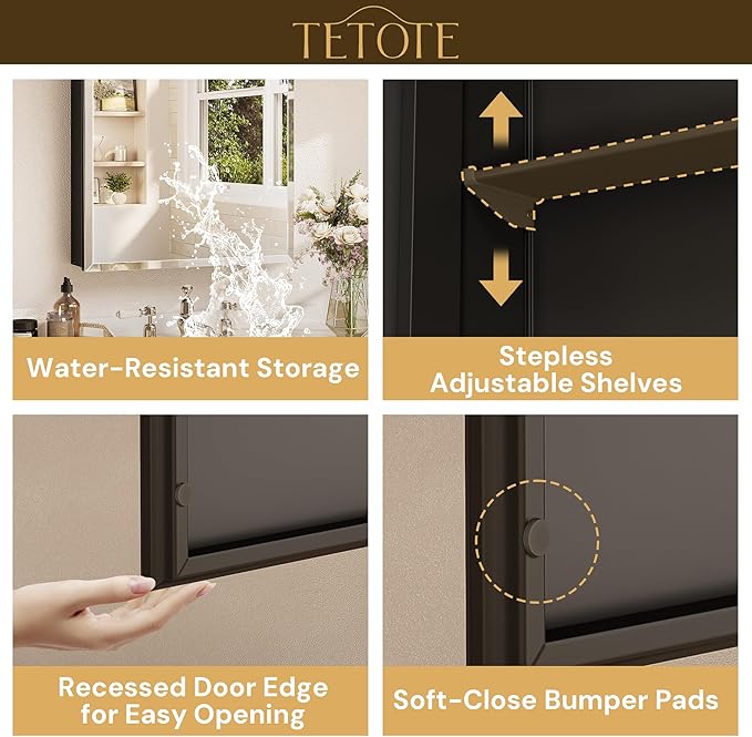 TETOTE 14 x 18 Medicine Cabinet with Tempered Beveled Mirror Black Mirrored Medicine Cabinets for Bathroom Aluminum Cabinet DTC Hinges, Stepless Adjustable Shelves, Recessed/Surface-Mounted