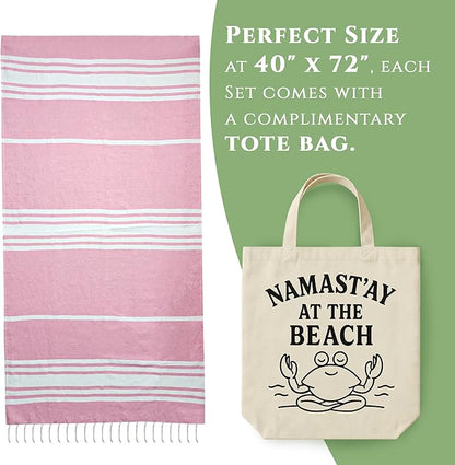 Turkish Cotton Beach Towel Pack of 4 & 1 Boho Tote Bag - Hammam Towels - No Shrink - Quick Dry - Lightweight - Sand Free - Camping - Pool - Tanning - Beach Essentials - Coral (40"x70")
