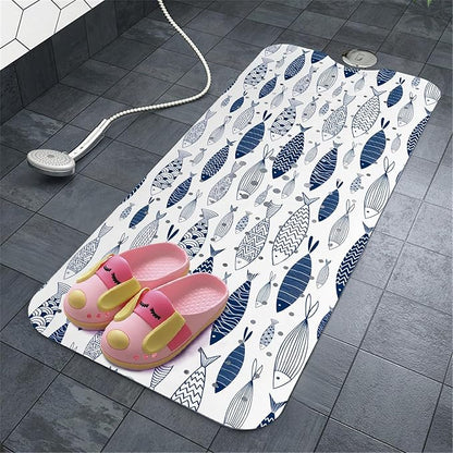 Fish Bathtub Mat Non Slip, Boho Baby Bath Mat for Tub Rubber Tub Mat, Cute Kids Bath Mats for Bathroom Ocean Anti Slip Shower Mat with Suction and Drain Holes Machine Washable, 40″X16″