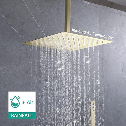 Ceiling Mount Rain Shower System, Shower Faucet Set with 16 Inch High Pressure Overhead Rain Shower Head and Handheld Sprayer, Dual Way Pressure Balance Shower Valve, Brushed Gold