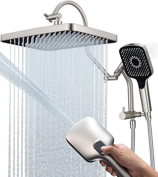 13 Inch Rainfall Shower Head with Multi-Function Handheld Sprayer Combo, 3-Way Metal Extended Diverter with Holder and Metal Adjustable Curved Shower Extension Arm, Extra Long Hose Brushed Nicke