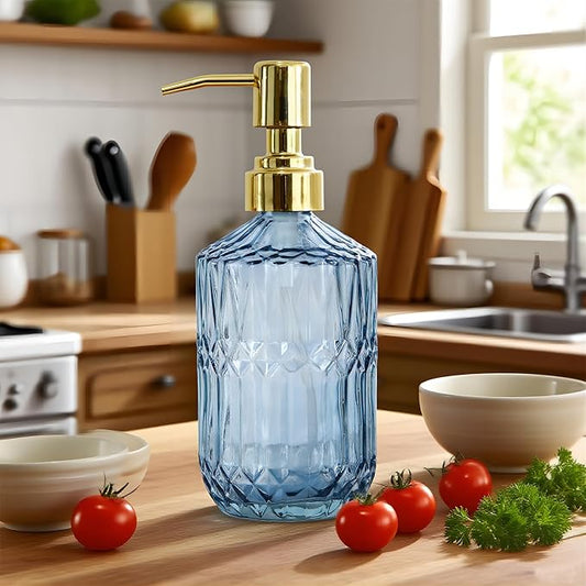 18oz Blue Glass Soap Dispenser, Refillable Kitchen, Bathroom Thick Glass Soap Dispenser with Golden Rustproof Pump for Dishwashing Liquid, Hand Soap, Lotion, Body Wash (Blue-Golden Pump)