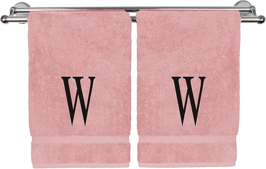 Monogrammed Hand Towel, Personalized Initial Gift, Extra Absorbent 100% Turkish Cotton - Soft Terry Finish - Set of 2 - Black Block Initial W - Embroidered on Pink Towels