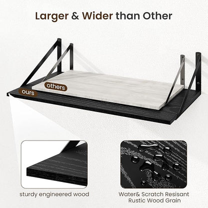 Fun Memories Floating Shelves for Wall, 12 Inch Deep Floating Shelves Set of 2, 24W x 12D Large Wall Shelf with Sturdy Metal Brackets for Living Room, Bathroom, Bedroom and Kitchen, Black