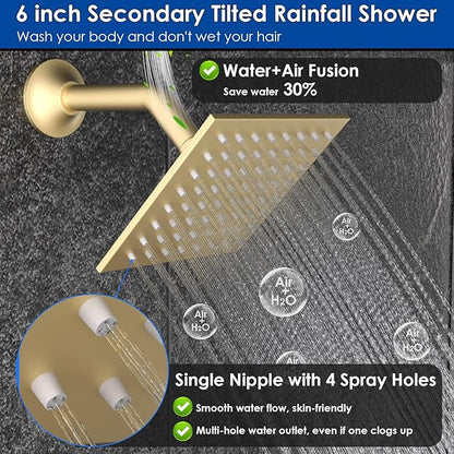 ENGA Shower System with Tub Spout, Bathtub Shower Faucet Combo Set - 10" & 6" Square Rain Shower Heads with 2 in 1 Handheld Spray, 4 Way Water Diverter, Brushed Gold
