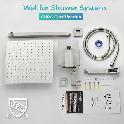 WELLFOR Wall Mounted Shower Faucet Set, Bathroom Showers Faucets, Shower System With 10" Square Rain Shower Head and Handheld, 2.5 GPM, Rough in Valve, Hot Cold Water, Single Handles (Brushed Nickel)