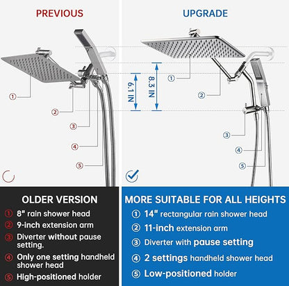 G-Promise All Metal 14 Inches Rain Shower Head with Handheld Built-in Power Wash Mode, 3-way Diverter with Pause Setting, 11 Inches Adjustable Extension Arm, Long Hose (Brushed Nickel, 14 Inches)
