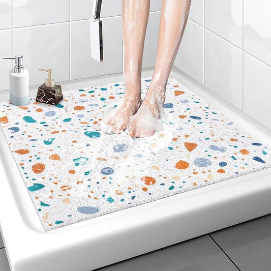 Shower Mat Non Slip - 32x32 Inch Soft Comfort Bath Mat with Drainage Holes, PVC Loofah Massage Bathmat for Shower, Tub, Bathroom, Wet Areas, Quick Drying