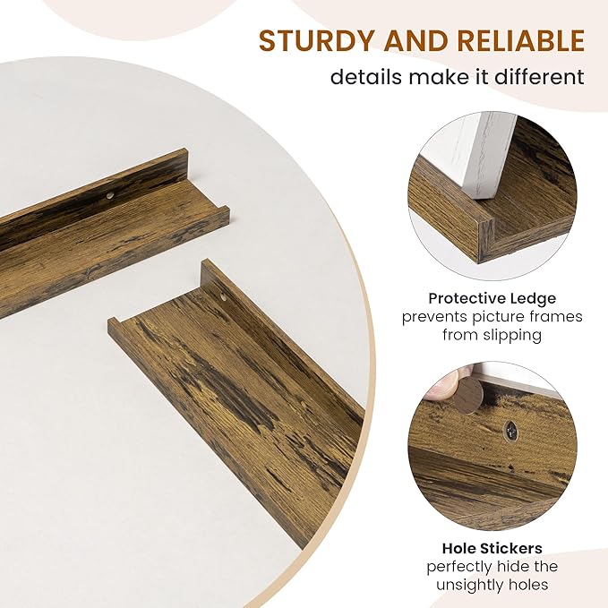 Axeman Picture Ledge Shelf, Floating Shelves for Wall Storage Set of 6, 48 inch Floating Wall Mounted Shelves, Shelves with Lip for Living Room, Bedroom, Nursery, Bathroom, Kitchen, Rustic Brown