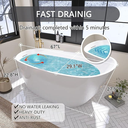 67" Free Standing Tub, Pure Acrylic Freestanding Bathtub, Stylish Stand Alone Tub, Contemporary Deep Soaking Bath Tub, cUPC Certified SY9970 (Glossy White)