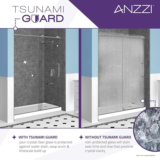 ANZZI 70" x 24" Frameless Shower Door in Polished Chrome,Water Repellent Glass Shower Door with Seal Strip Parts and Handle, 5/16 Glass Hinged Shower Door with Handle (SD-AZ09-01CH)