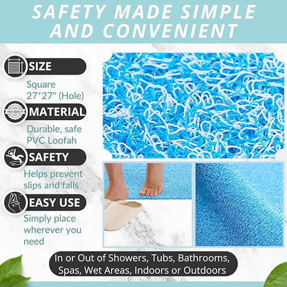 Enkosi Loofah Shower Mat with Drain Hole – Cushioned Anti-Slip Square Bath Mat for Showers, and Bathroom Floors – Textured PVC, Non Slip Safety Pad for Walk-in Stalls and Wet Areas (27x27 Aqua Blue)