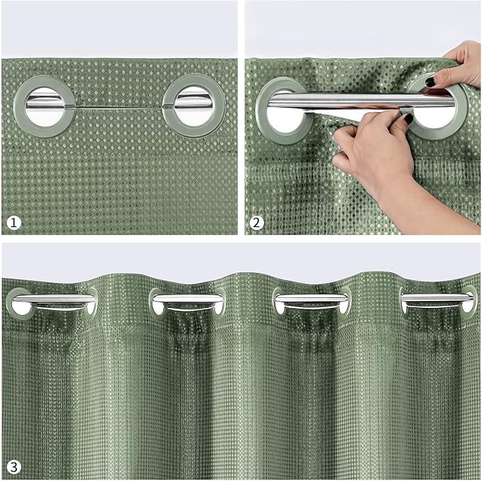 MitoVilla No Hooks Needed Small Stall Shower Curtain Liner Set 36 x 74, Sage Green Waffle Half Size Narrow Waffle Weave Fabric Shower Curtain Set with Snap-in Liner for Modern Spa-Like Bathroom Decor