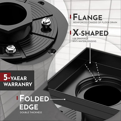 WEBANG 4 Inch Square Shower Drain Black Floor Drain with Flange Reversible 2-in-1 Cover Tile Insert Grate Removable SUS304 Stainless Steel CUPC Certified Matte Black